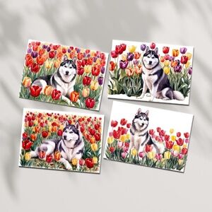 Husky in a Field of Tulips, Spring Collection Blank Note Card Set